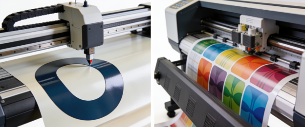 Large format vinyl cutter and printer producing signage graphics