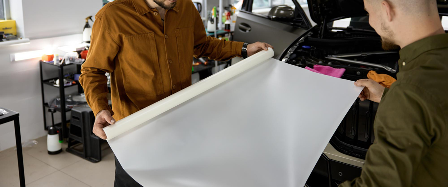Premium Vehicle Wrap Vinyl at Bi Wize People selecting vehicle wrap vinyl material before installation on a car in Thomastown