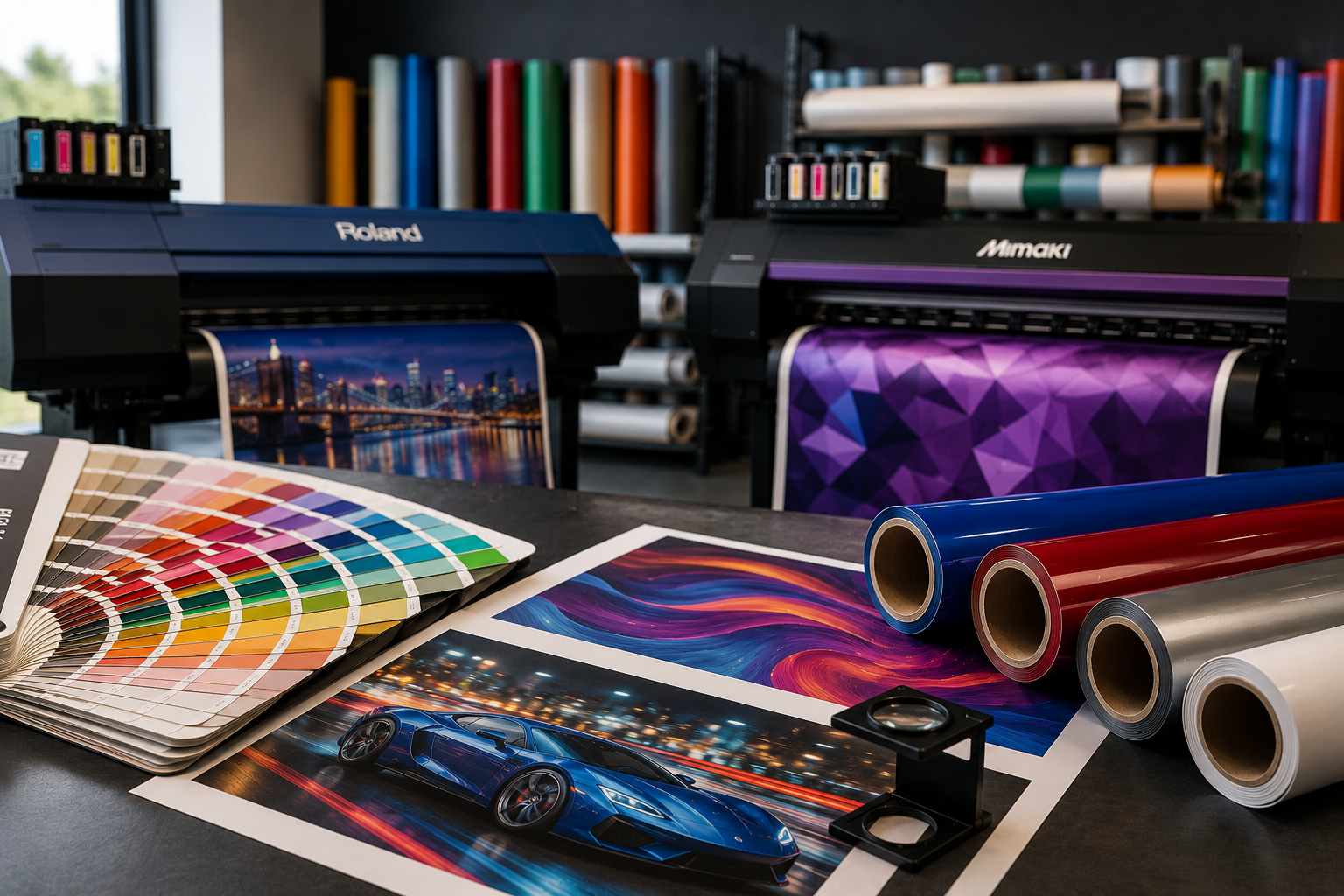 Digital Printing Services Bi-Wize Large format printers with colourful prints, media rolls and colour samples in a professional print studio