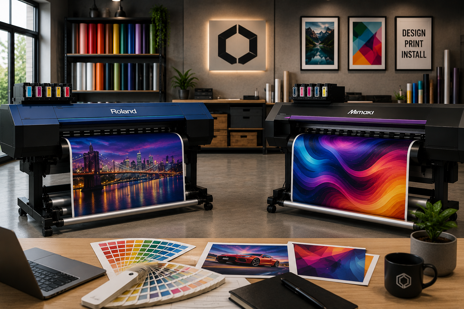Large Format Printing Bi-Wize Large format printers displaying colourful prints alongside media rolls and colour samples in Thomastown