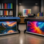 Large format Roland and Mimaki printers displaying colourful printed images in a professional print studio