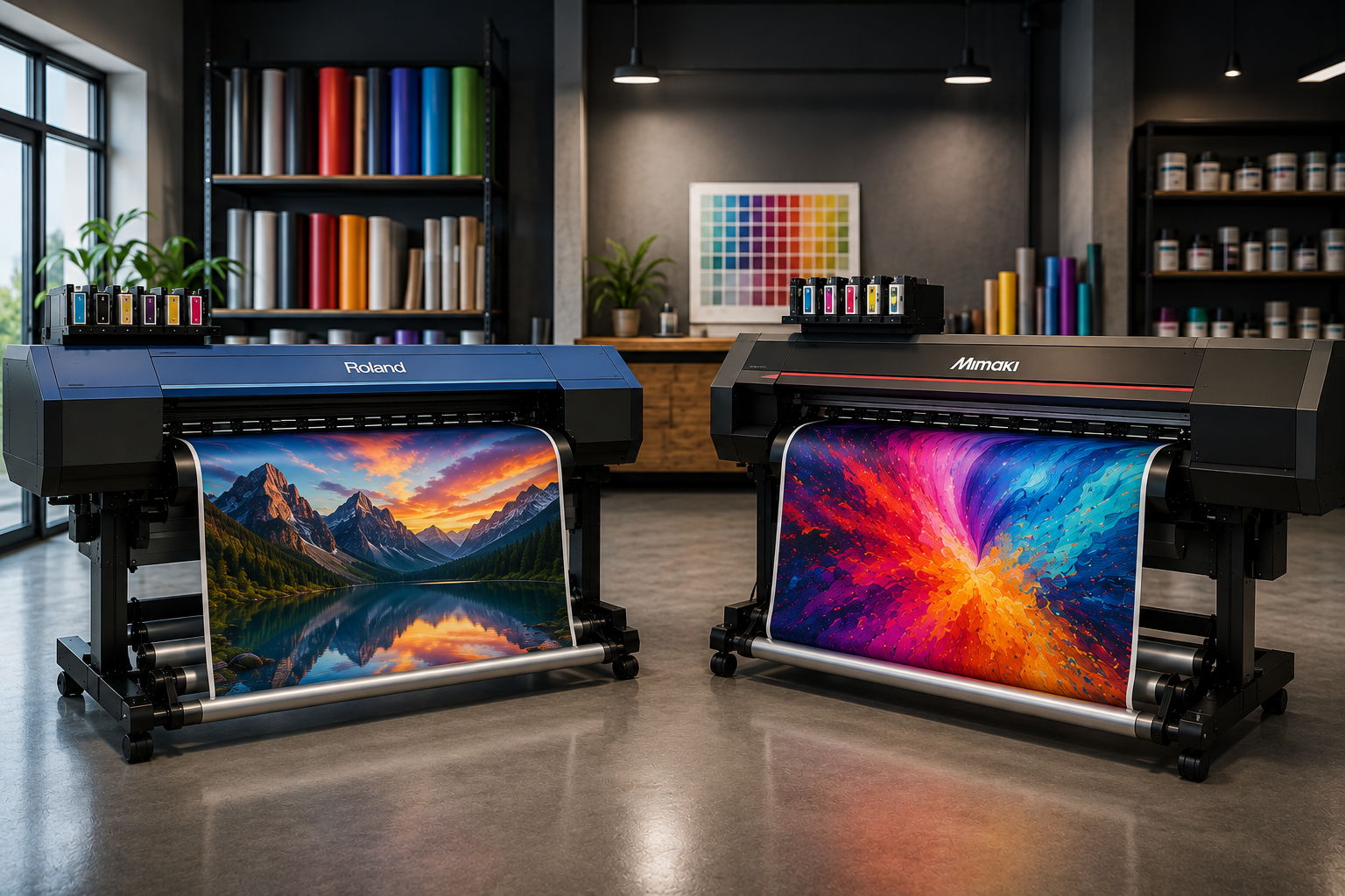 Large format Roland and Mimaki printers displaying colourful printed images in a professional print studio