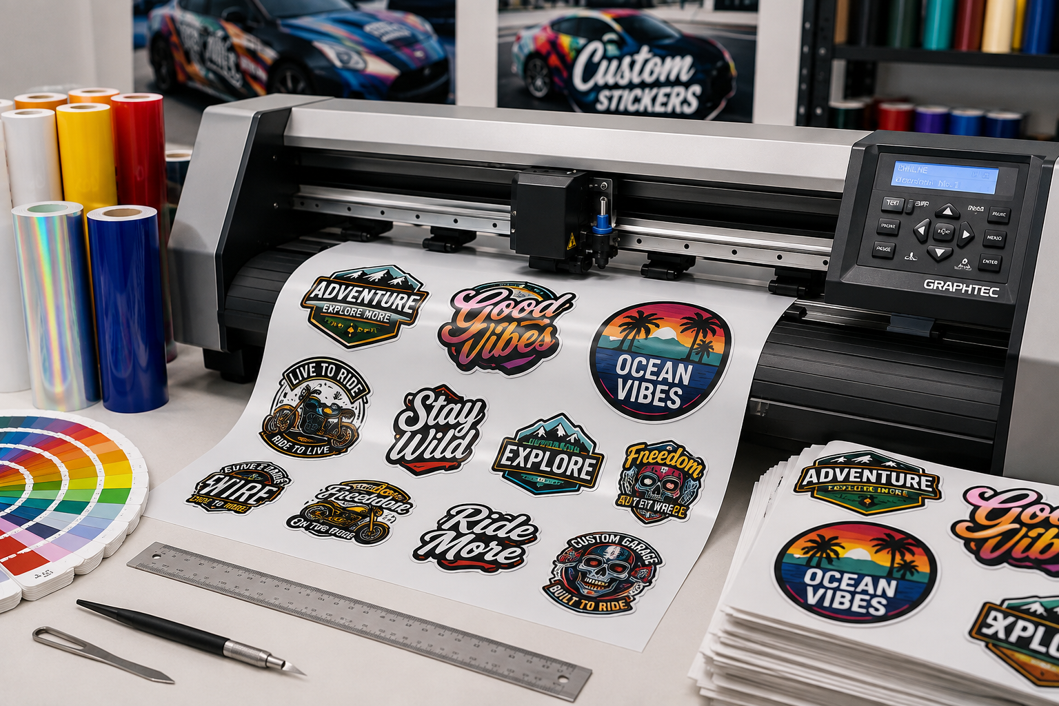 Custom stickers being produced on a vinyl cutting machine in Thomastown