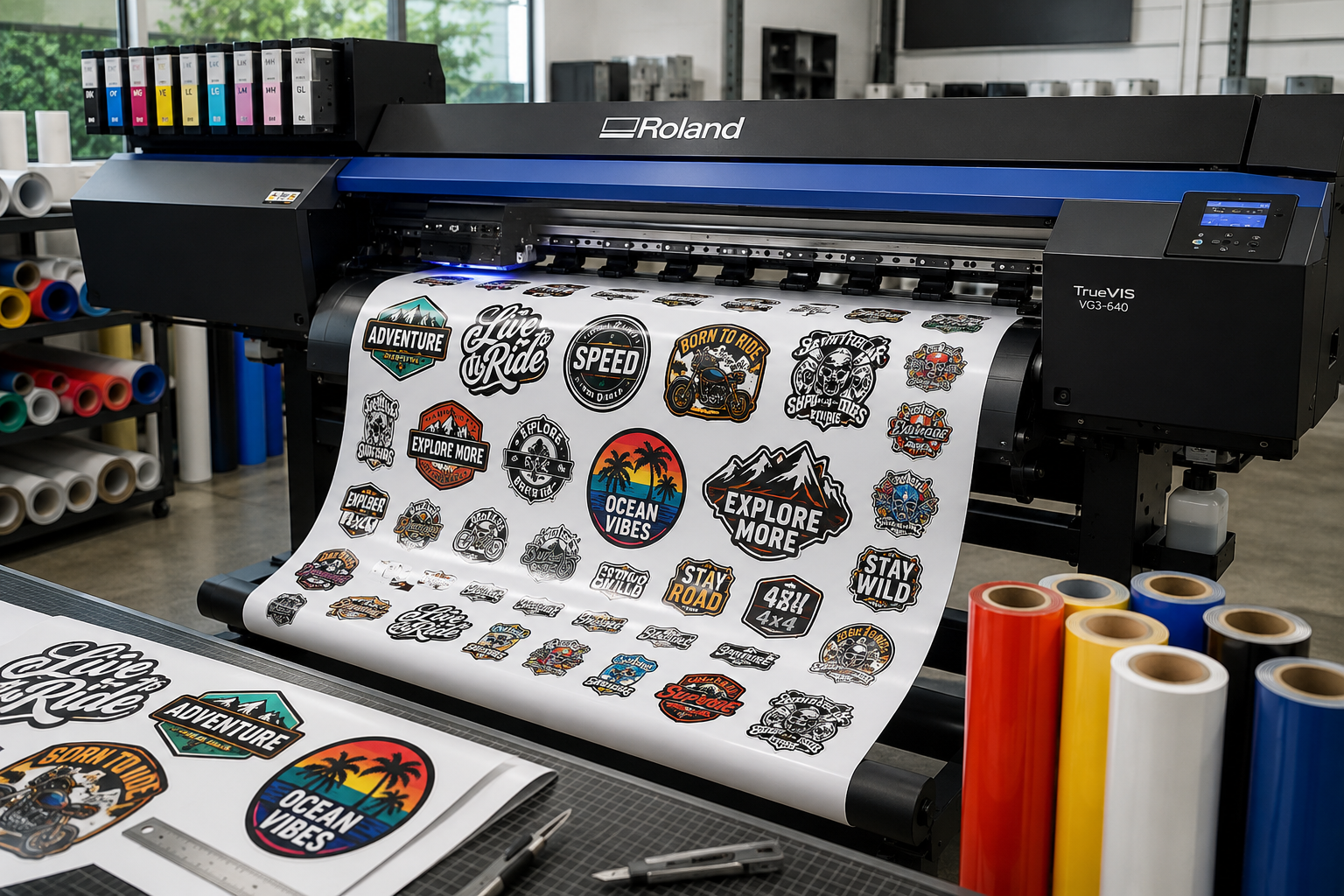 Custom Sticker Printing at Bi-Wize Custom stickers being printed on a large format Roland printer in Thomastown