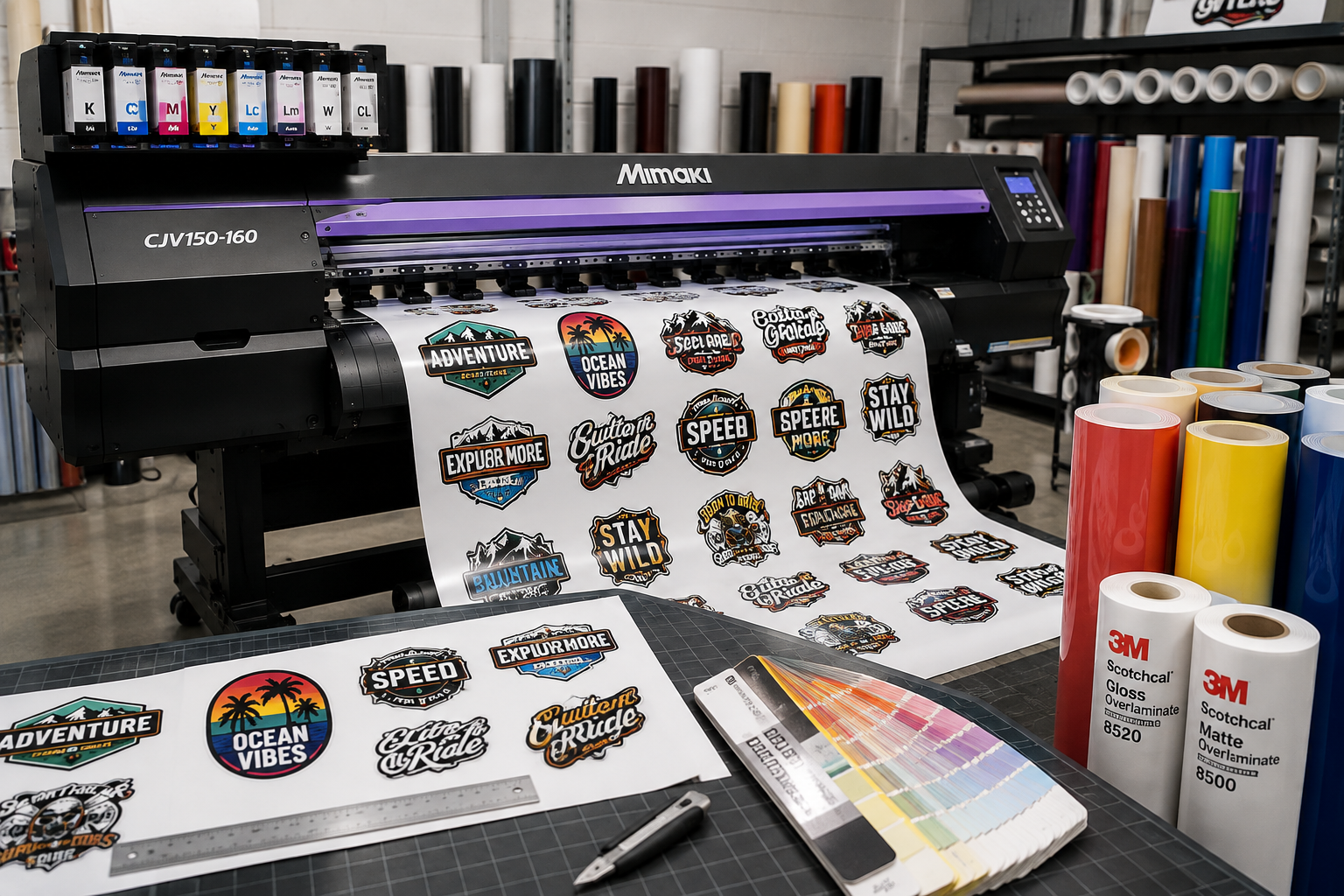 Custom Sticker Printing Bi-Wize Custom stickers being printed on a large format Mimaki vinyl printer in Thomastown