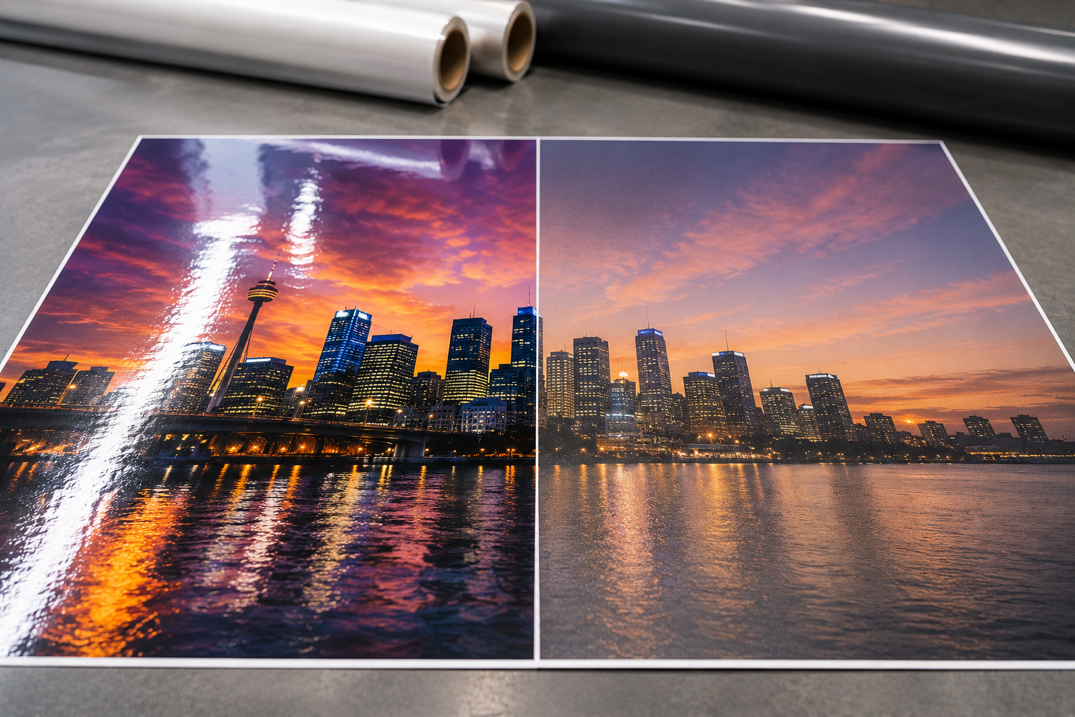 Gloss and Matte Lamination Bi-Wize Gloss and matte laminate finishes shown side by side on a printed cityscape in Thomastown