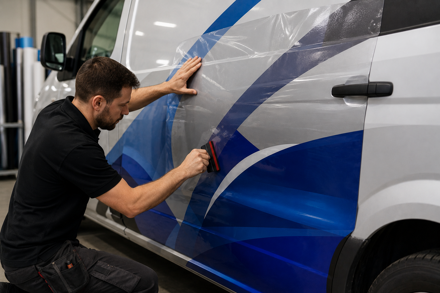 Vehicle Graphic Lamination Bi-Wize Technician applying a protective laminate to a vehicle graphic in Thomastown